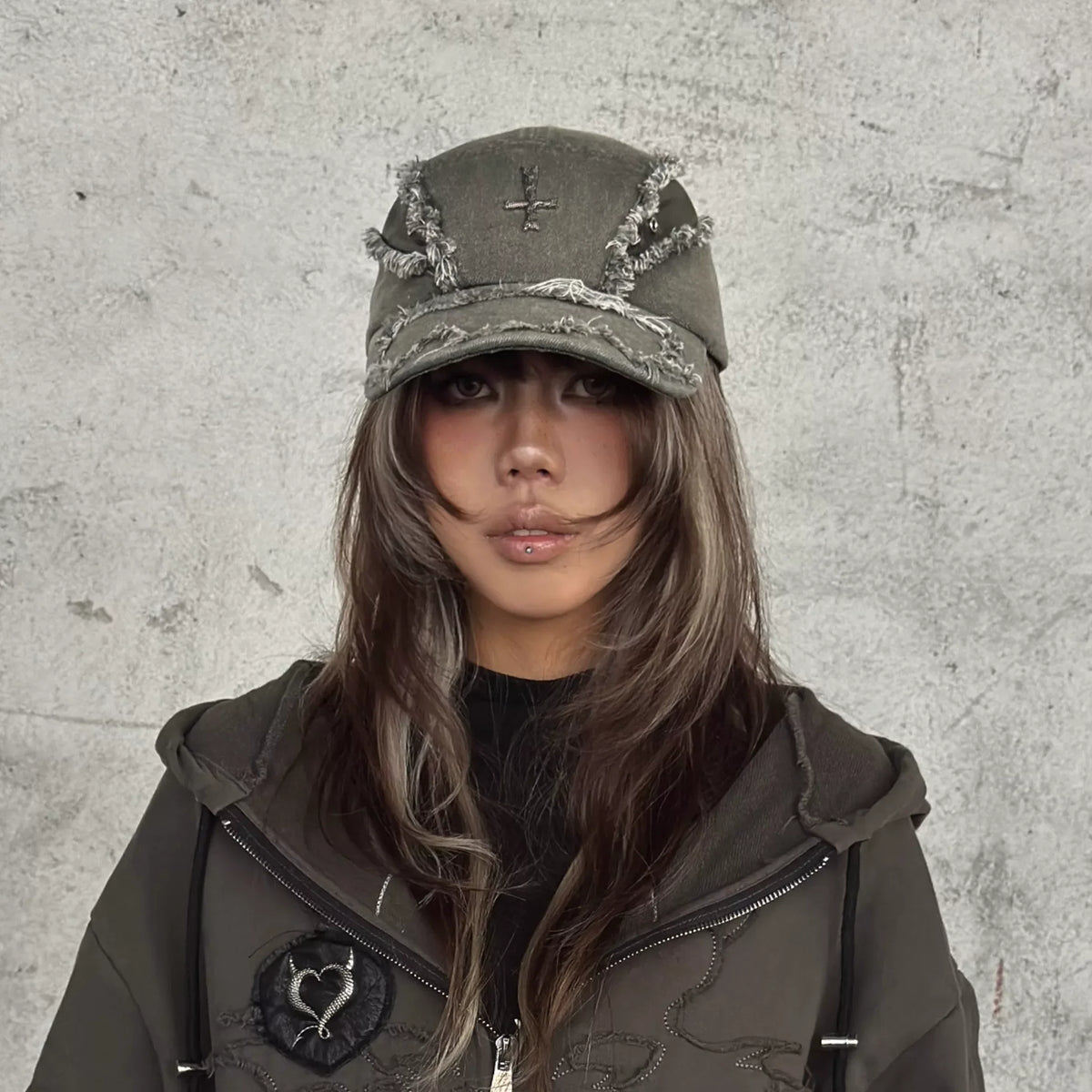 Gothic Distressed Cross Denim Cap - Fuga Studios