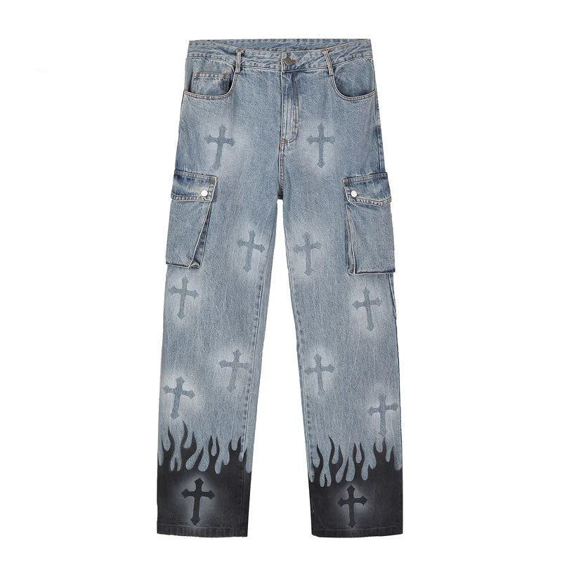 Gothic Flame Cross Denim Jeans - Ultra Techwear