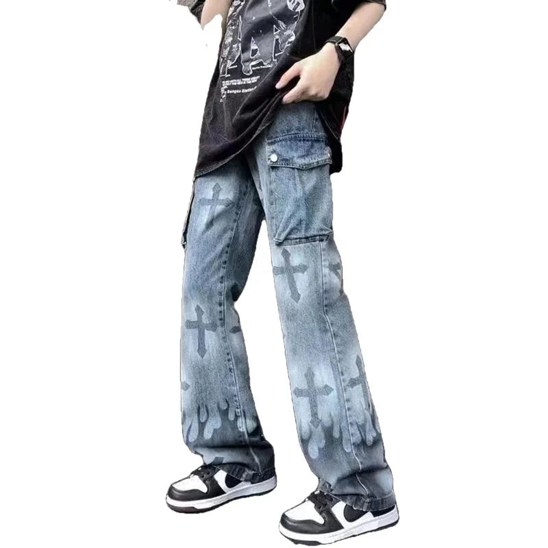 Gothic Flame Cross Denim Jeans - Fuga Studios