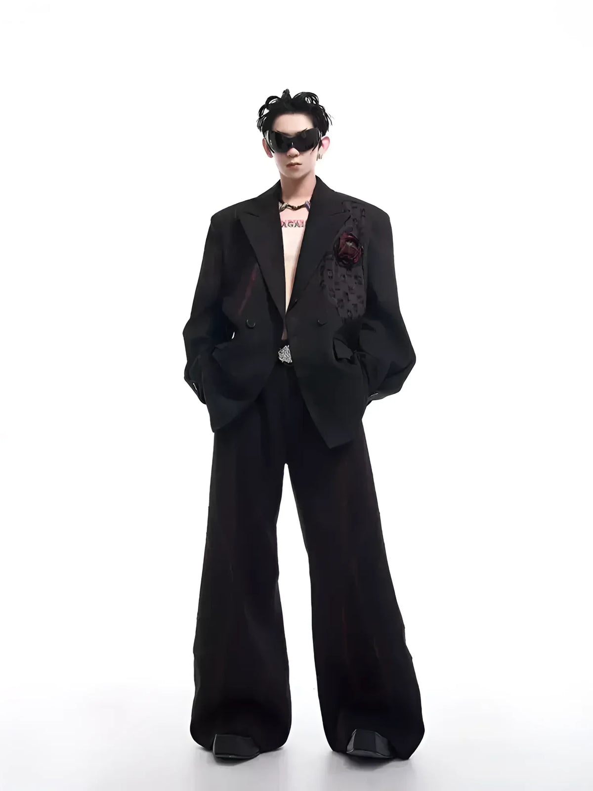 ブラック ナイロンジャケットとパンツセット セットアップuk y2k opium Opium Blazer Set. Rose Appliqué. | Fūga Studios