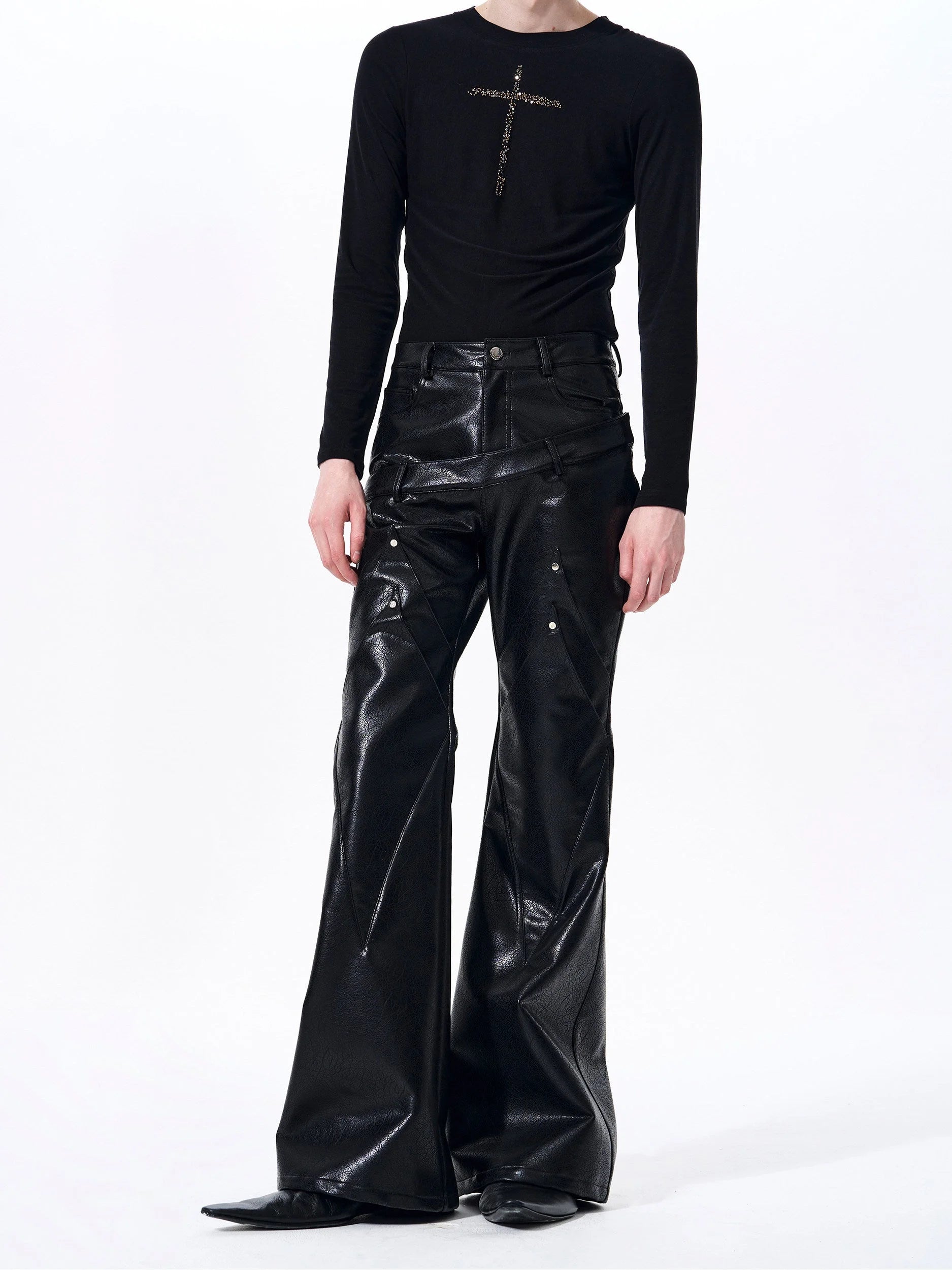 Placeholder Double-waistband, Slightly Flared Leather Pants - Fuga Studios