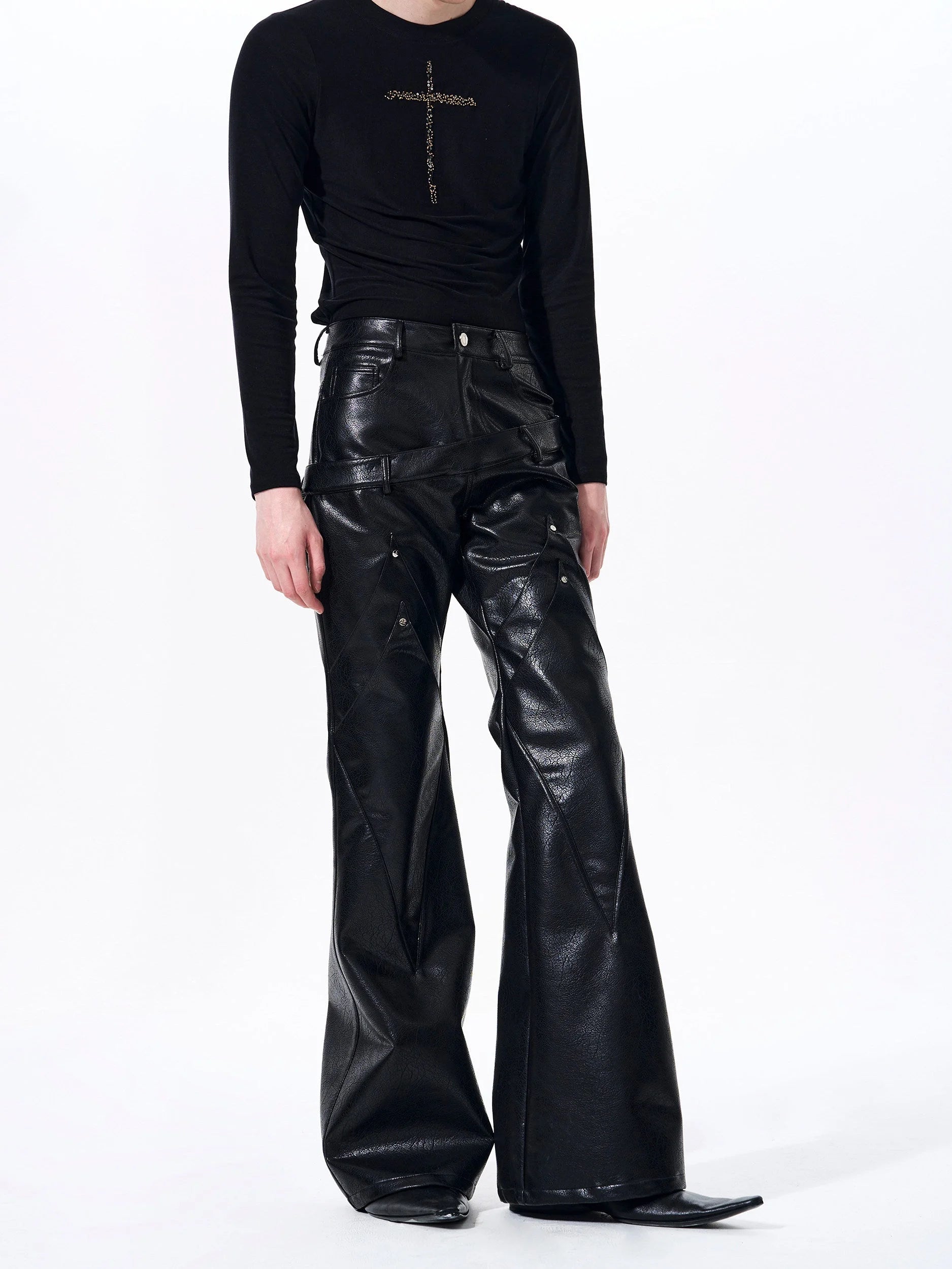 Placeholder Double-waistband, Slightly Flared Leather Pants - Fuga Studios