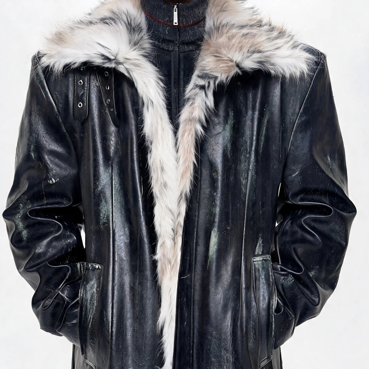 Opium Distressed Leather Coat Schwarz - Fuga Studios
