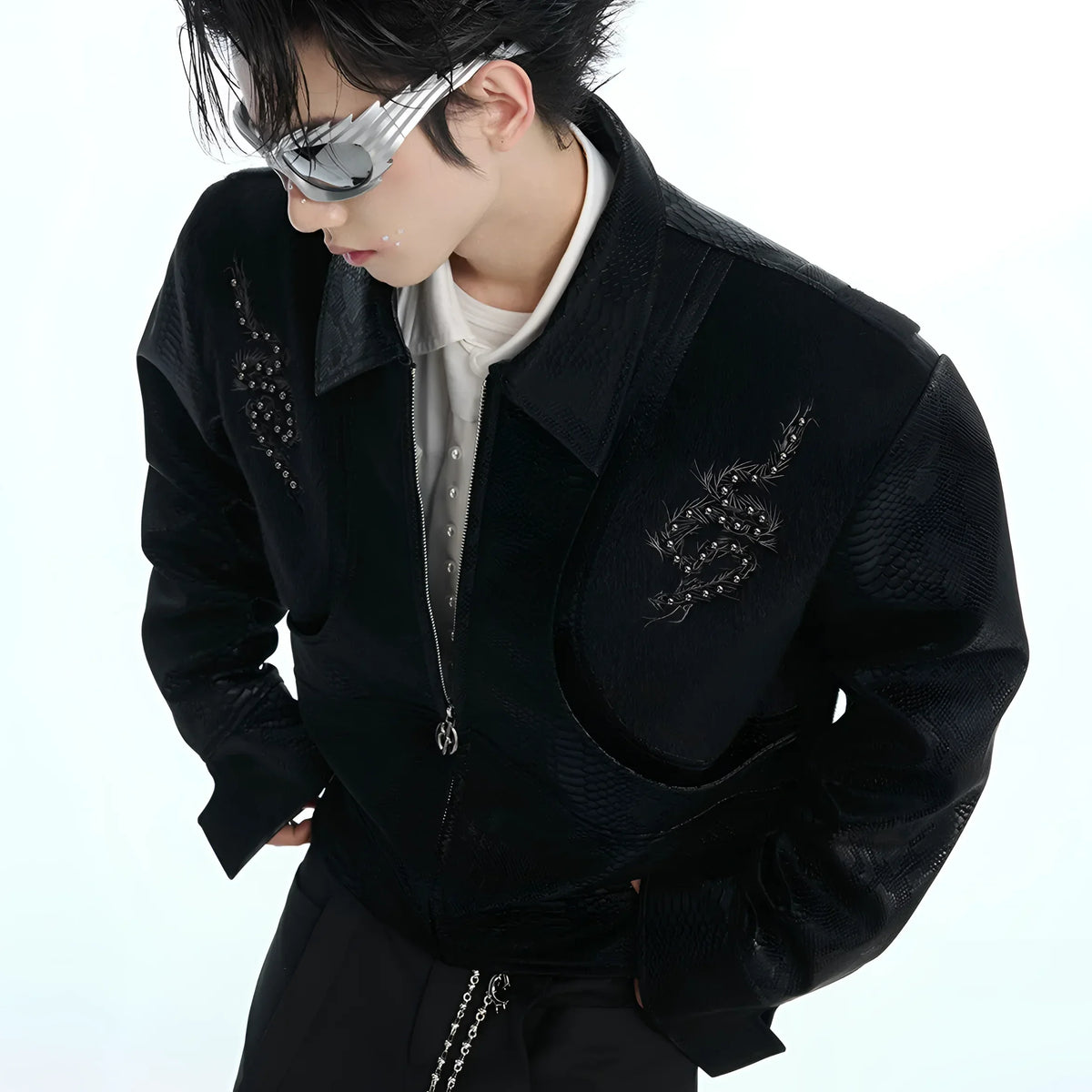 Opium leather jacket. Dragon embroidery, studs. | Fūga Studios