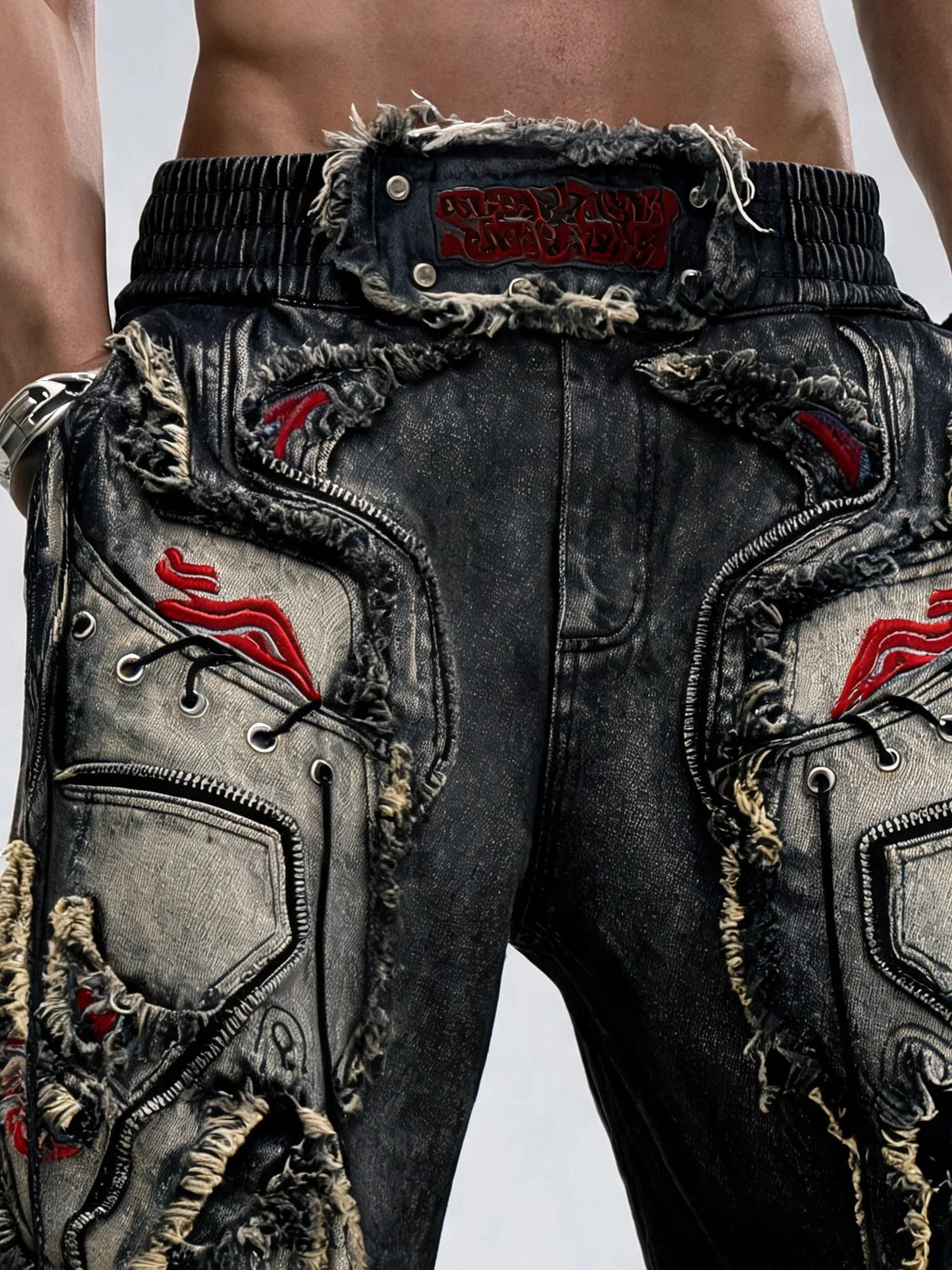Opium Embroidered Patchwork Jeans Schwarz - Fuga Studios