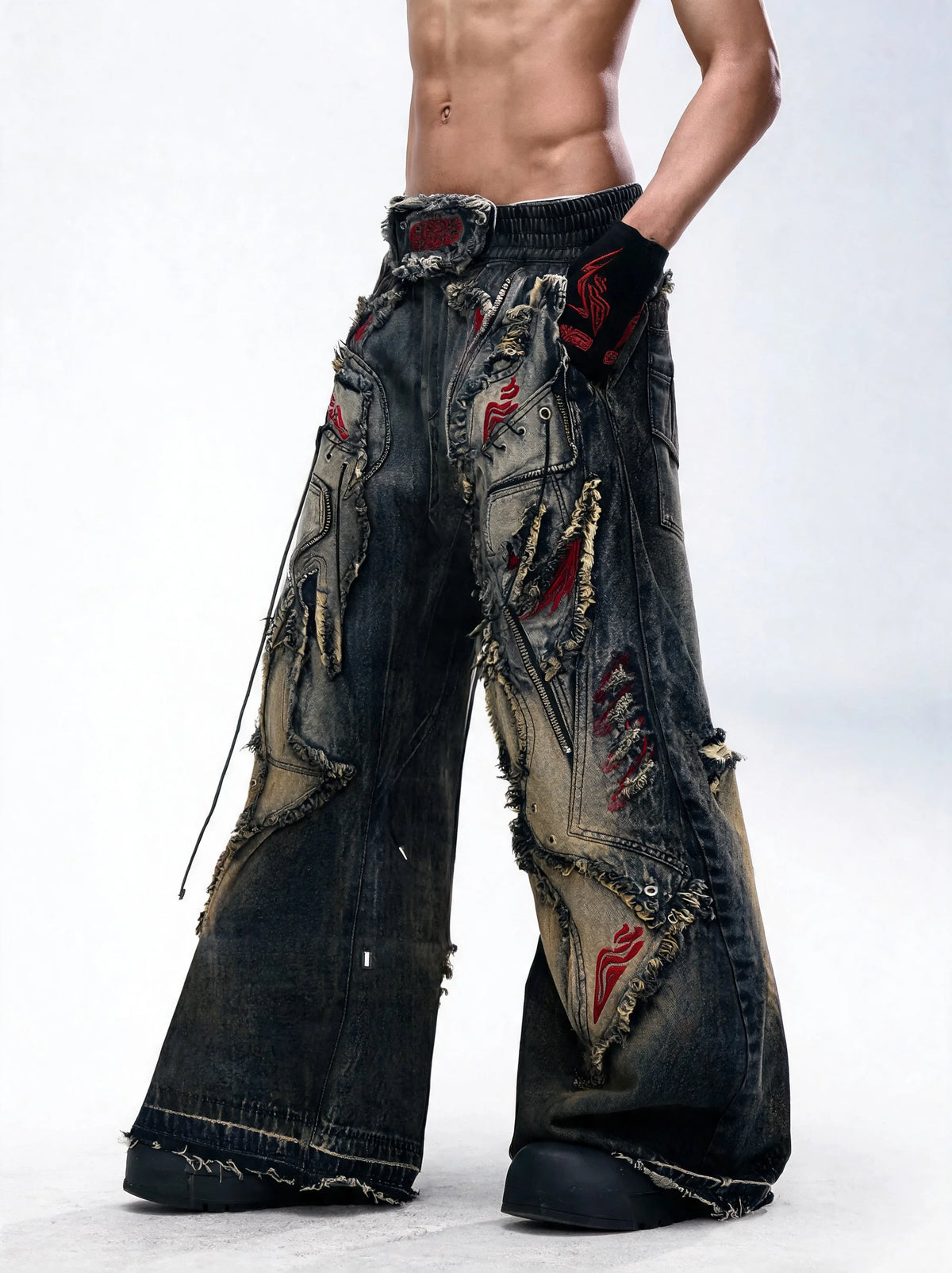Opium Embroidered Patchwork Jeans Schwarz - Fuga Studios