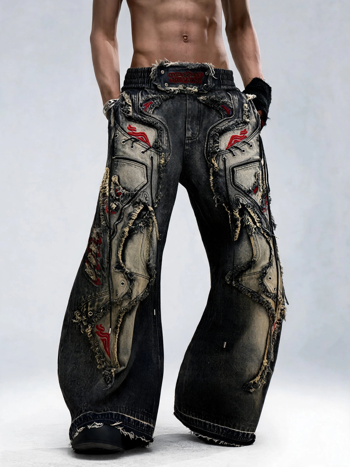 Opium Embroidered Patchwork Jeans Schwarz - Fuga Studios