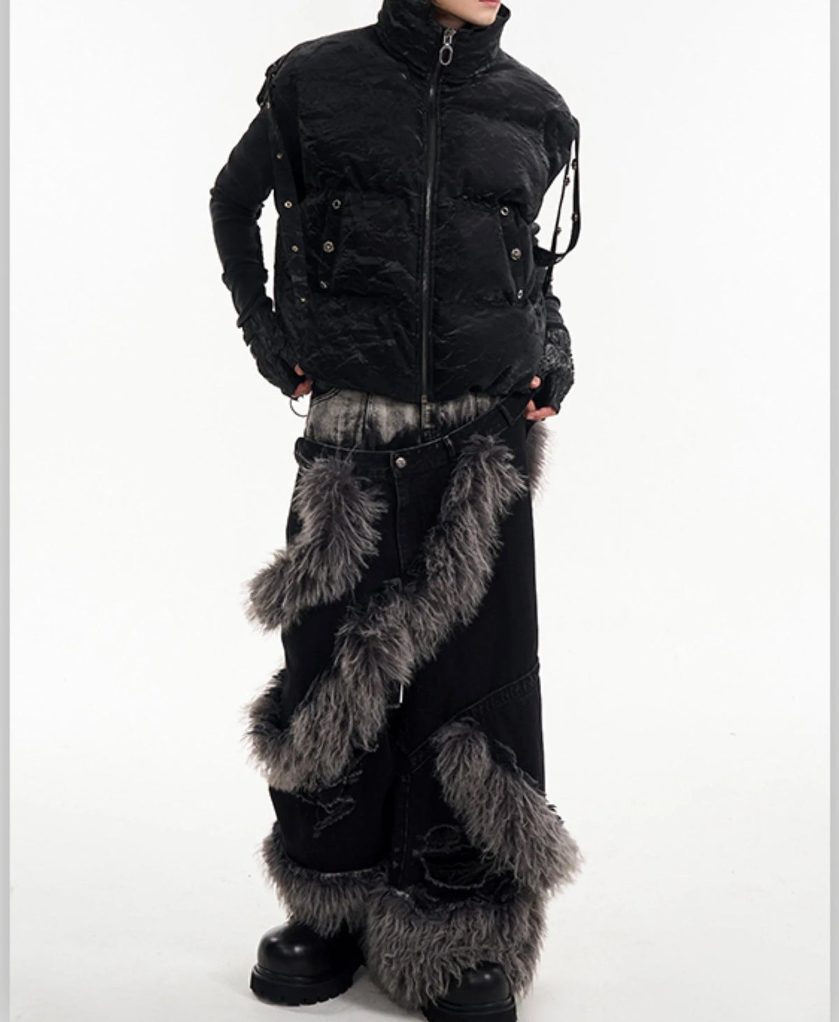 Opium flare jeans. Faux-fur spirals, destroyed. | Fūga Studios