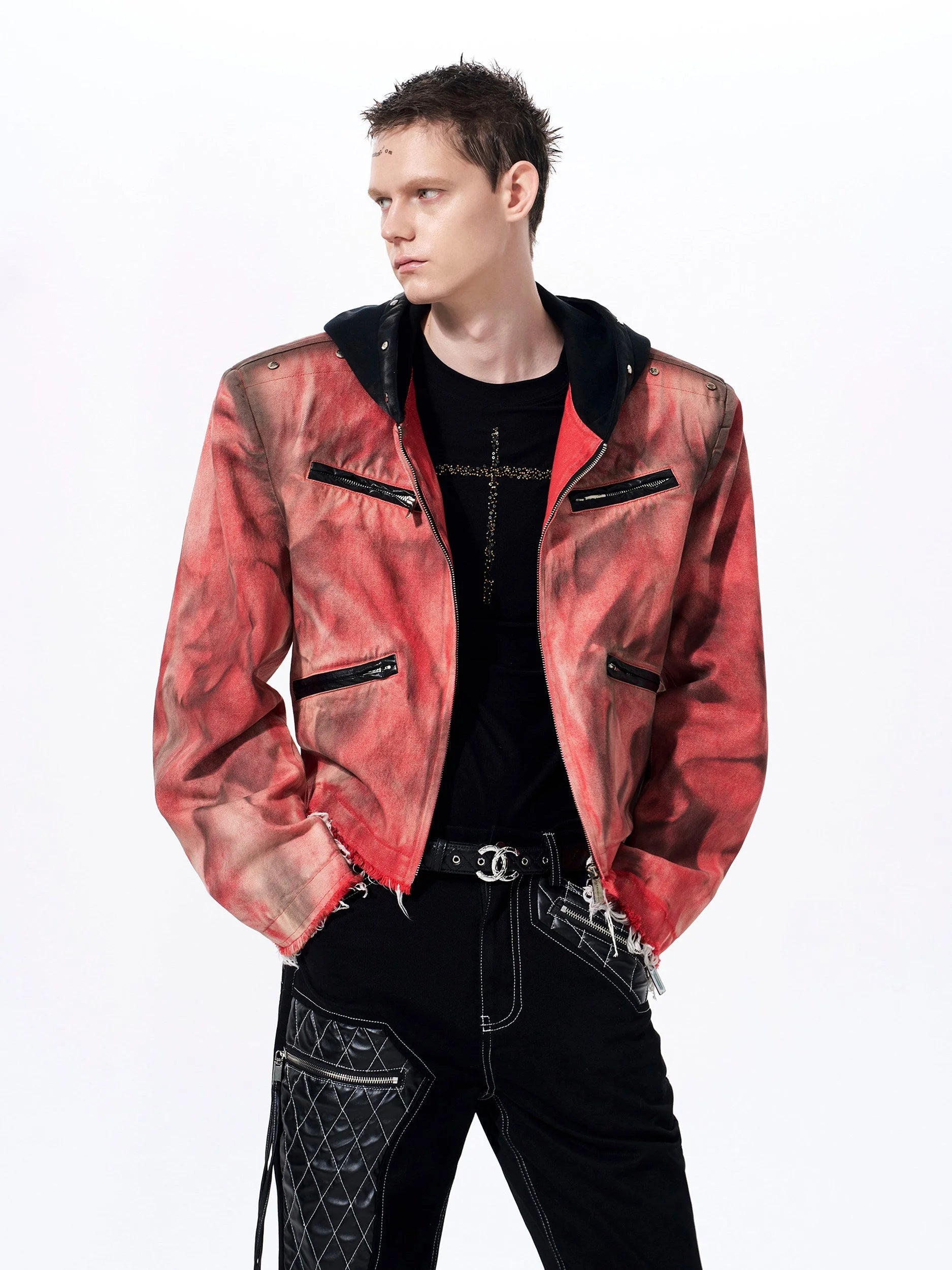 Placeholder Hand-painted Distressed Hooded Denim Jacket - Fuga Studios