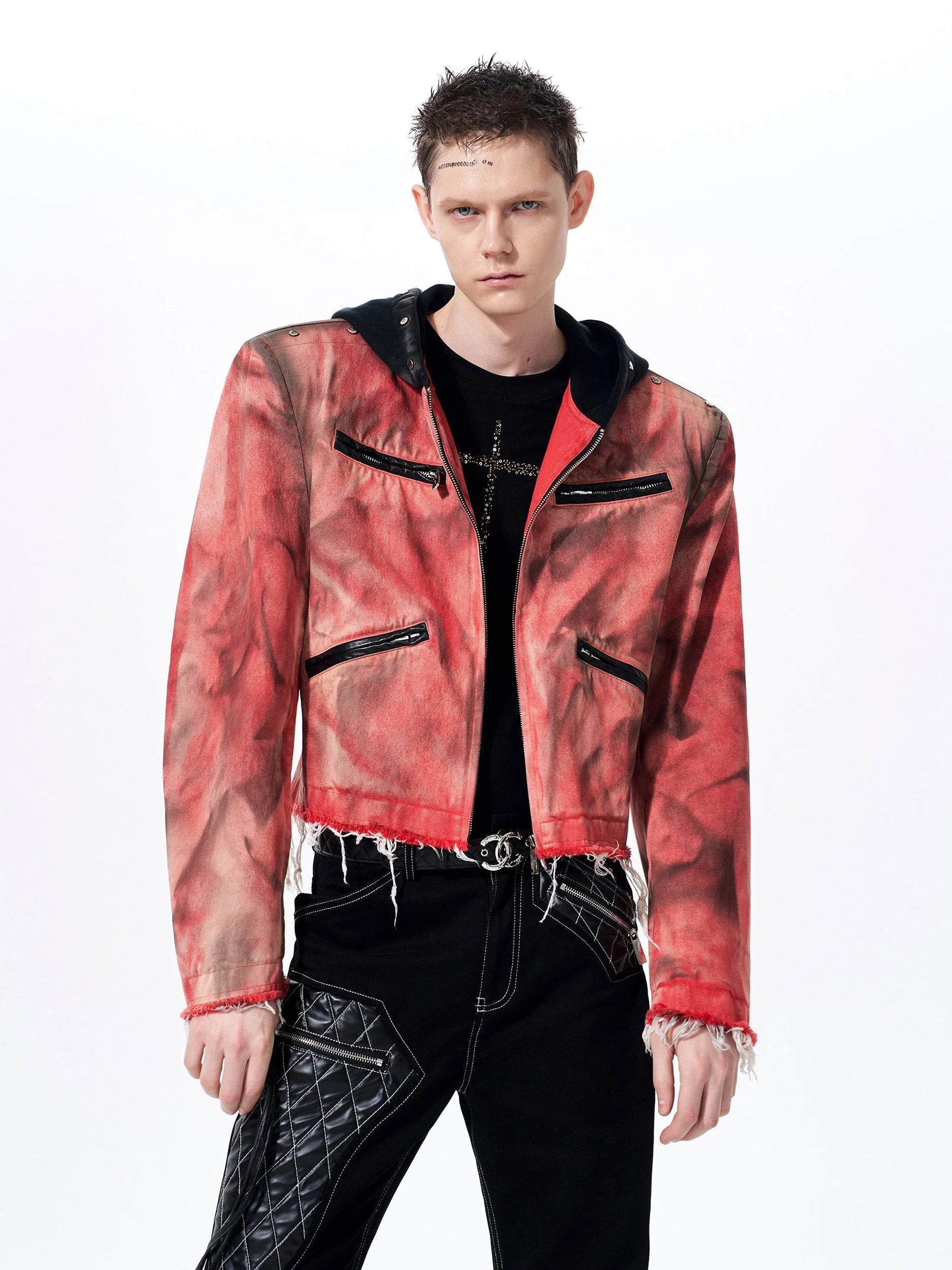Placeholder Hand-painted Distressed Hooded Denim Jacket - Fuga Studios