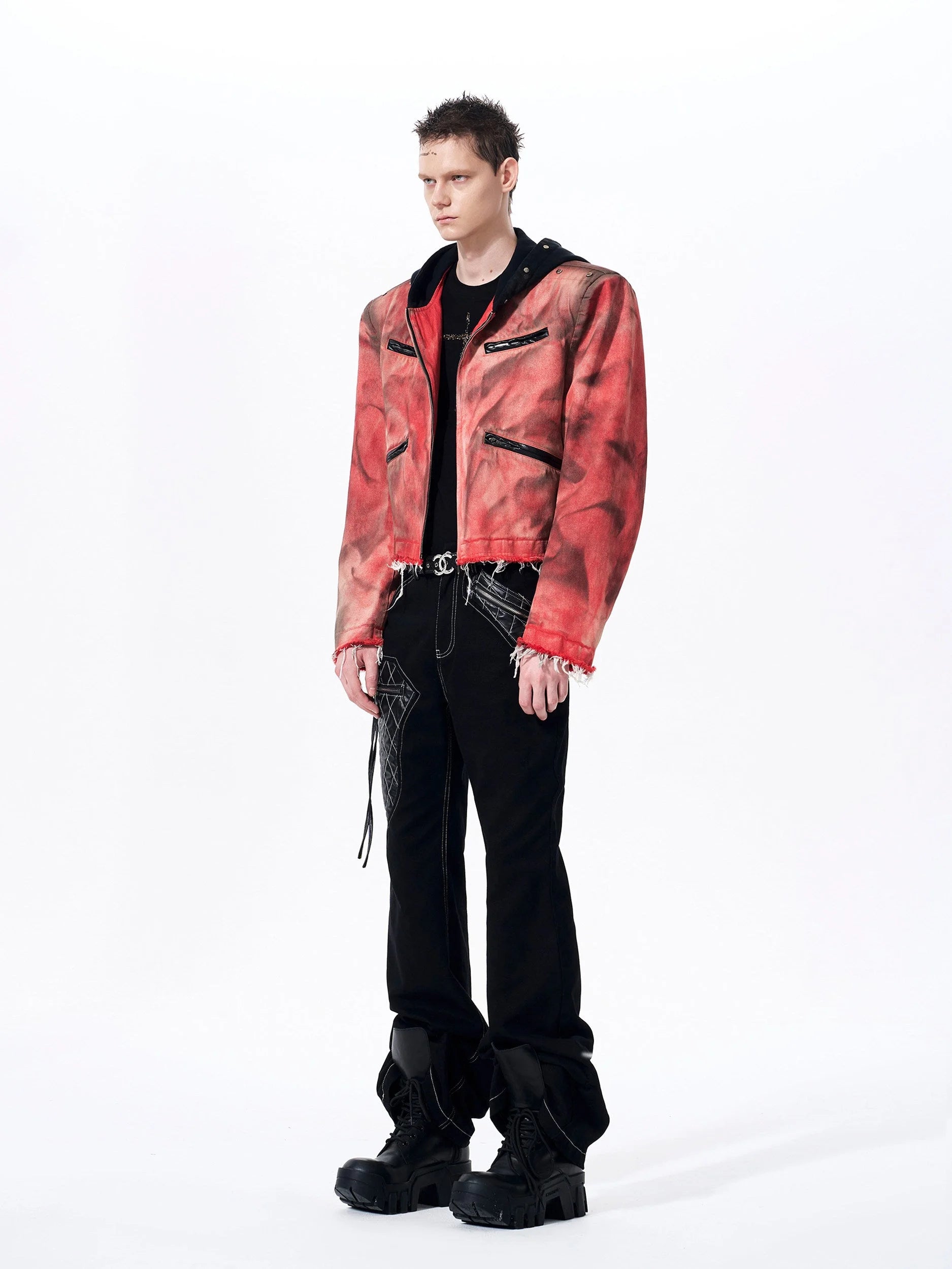 Placeholder Hand-painted Distressed Hooded Denim Jacket - Fuga Studios