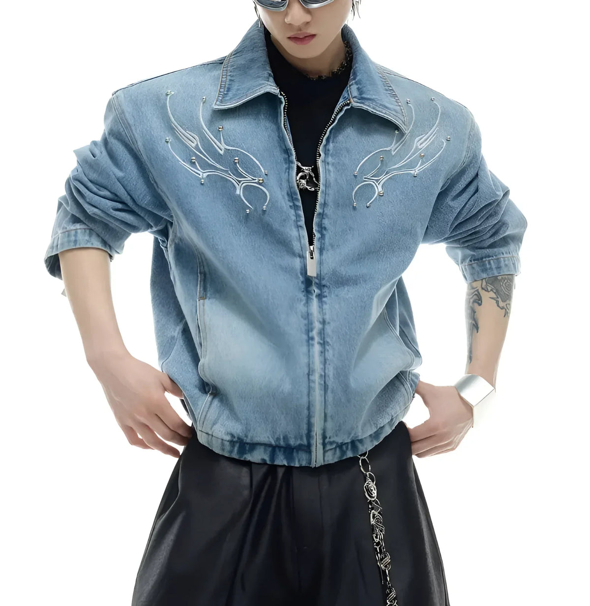 Opium Denim Jacket. Silver Embroidery, Cropped. | Fūga Studios