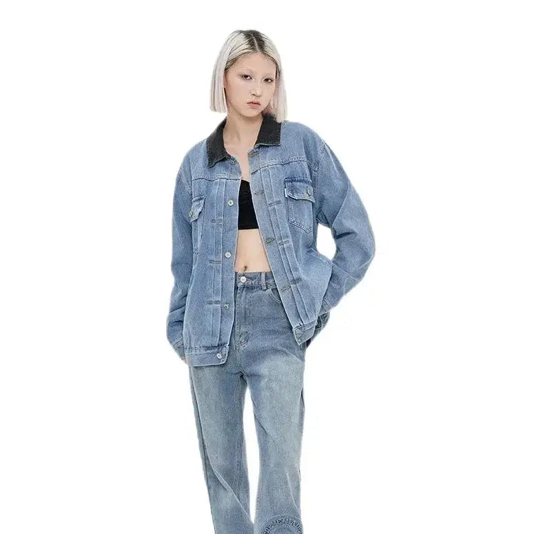 Streetwear unisex laget ekstrem kontrast krage denimjakke