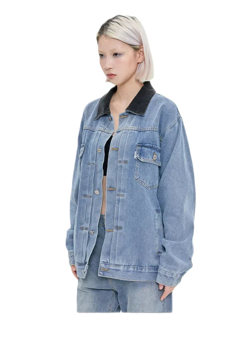 Streetwear Unisex Made Extreme Contrast Collar Denim Jacket