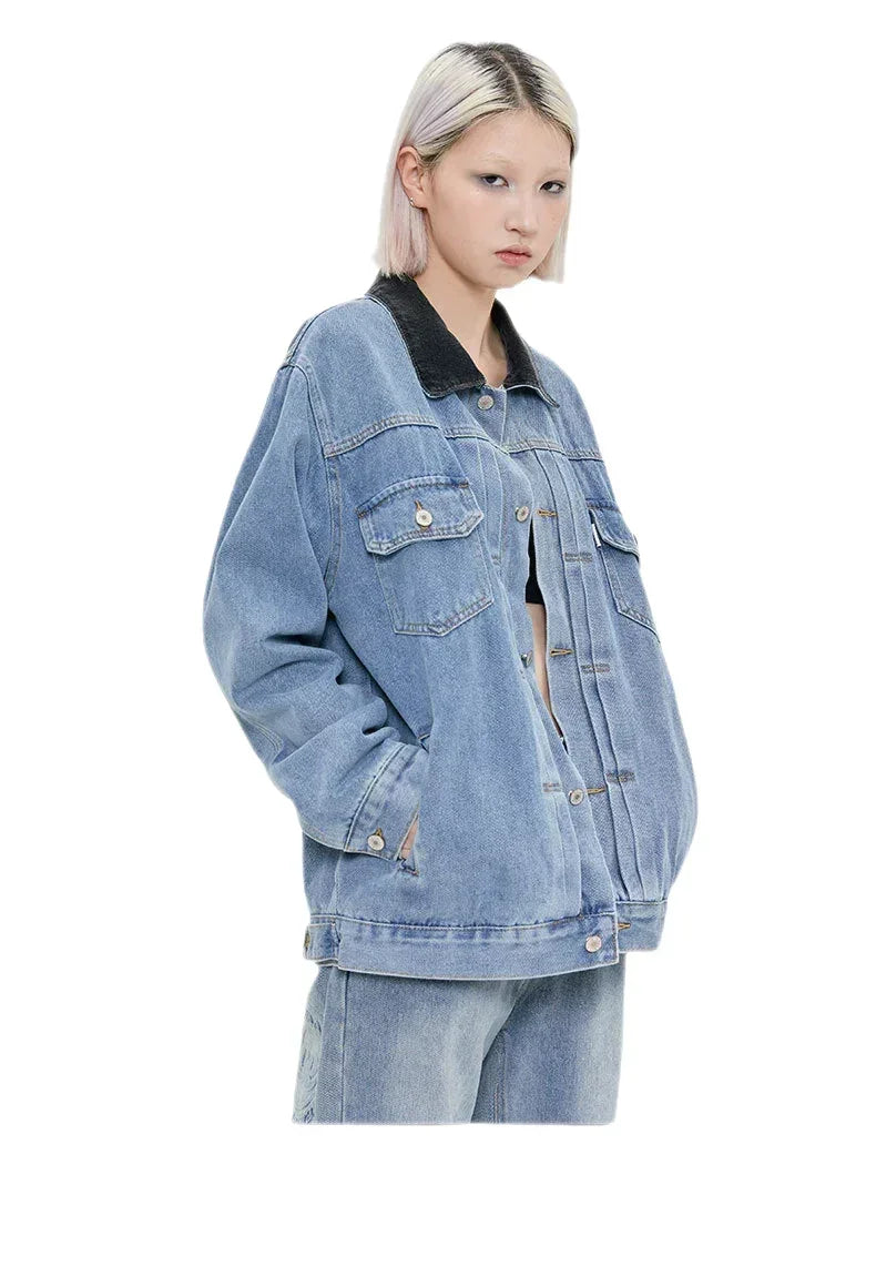 Streetwear Unisex Made Extreme Contrast Collar Denim Jacket