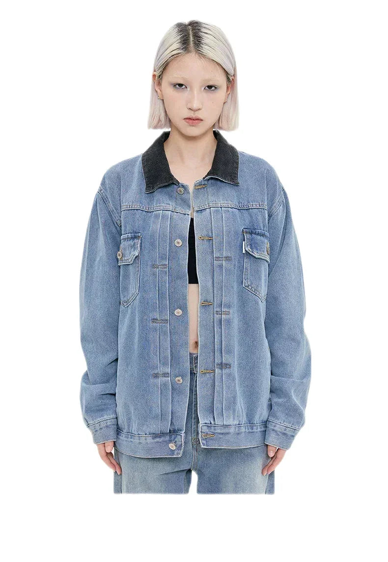 Streetwear Unisex Made Extreme Contrast Collar Denim Jacket