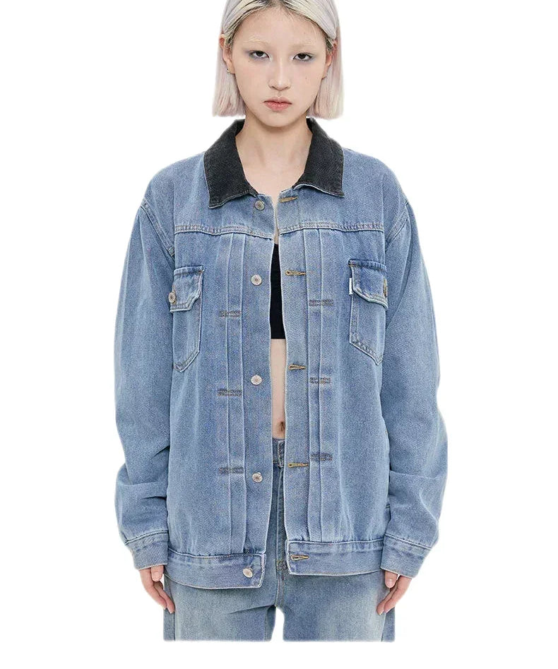 Streetwear Unisex Made Extreme Contrast Collar Denim Jacket