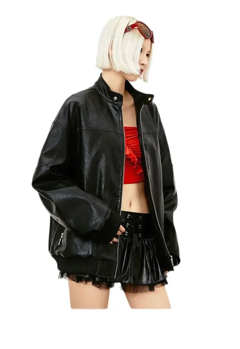 Streetwear Unisex Vintage Aviator Leather Bomber -takki