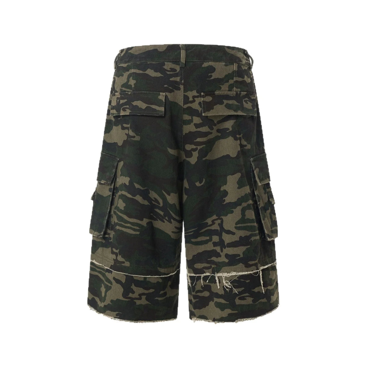 Y2K Camo Cargo Jorts. Raw hem, 6 pockets. | Fūga Studios