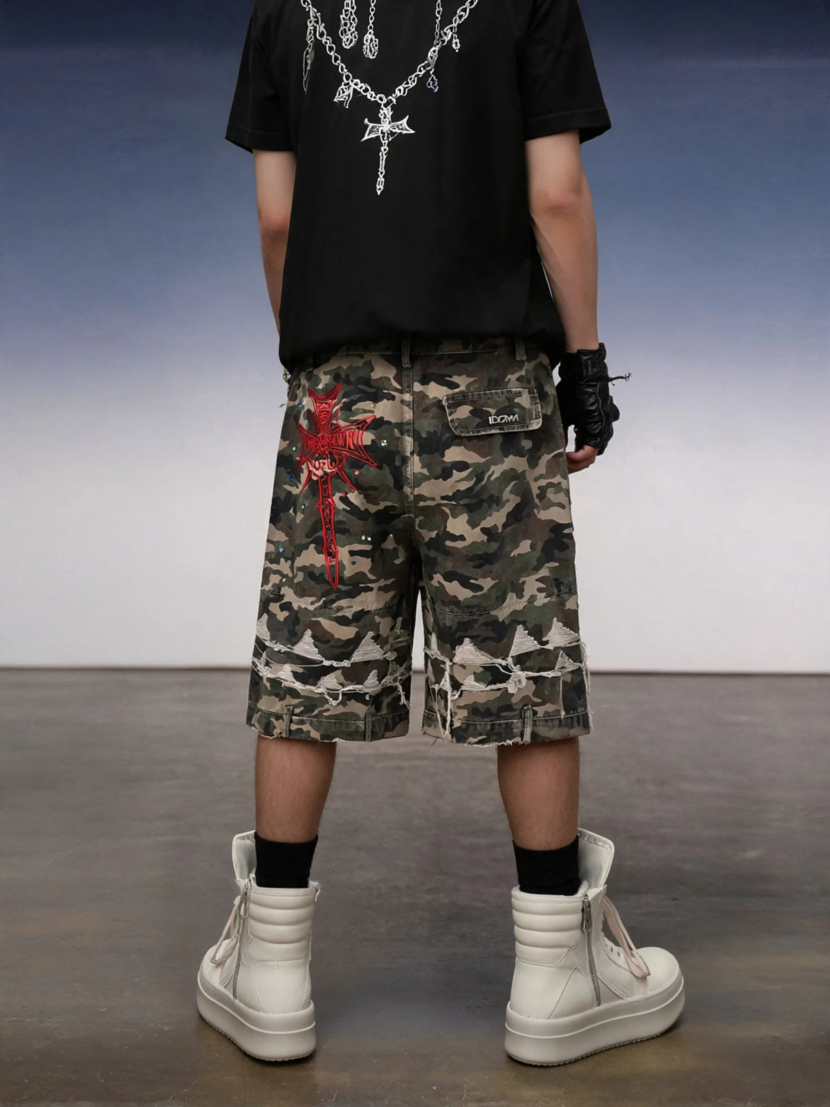 Y2K Camo Sword Emblem Cargo Shorts - Fuga Studios