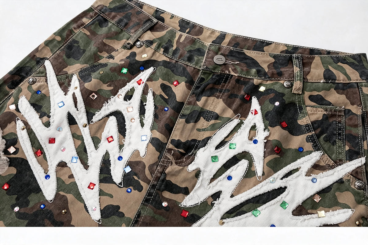 Y2K Camo Sword Emblem Cargo Shorts - Fuga Studios