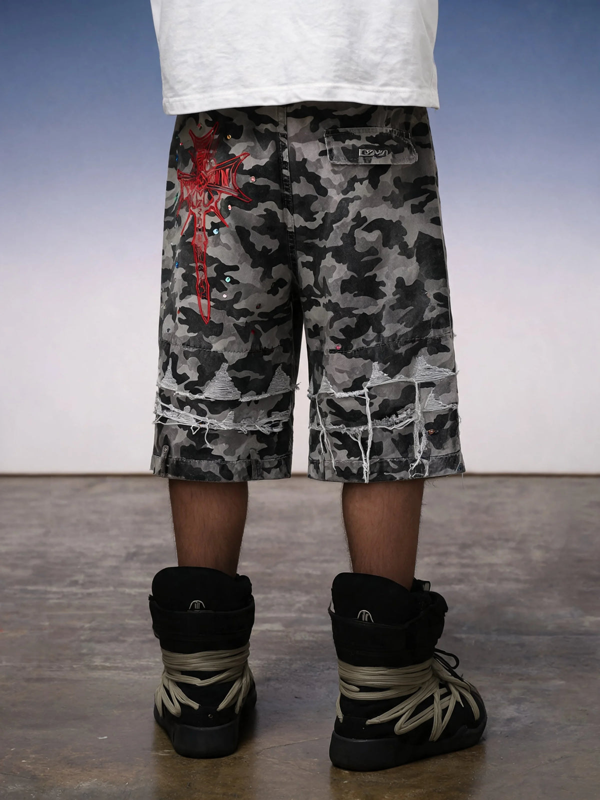 Y2K Camo Sword Emblem Cargo Shorts - Fuga Studios