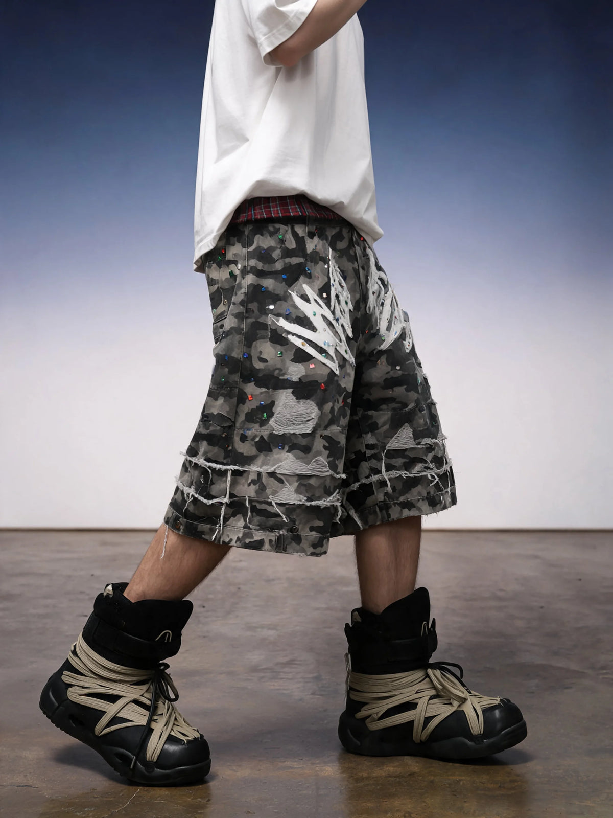 Y2K Camo Sword Emblem Cargo Shorts - Fuga Studios
