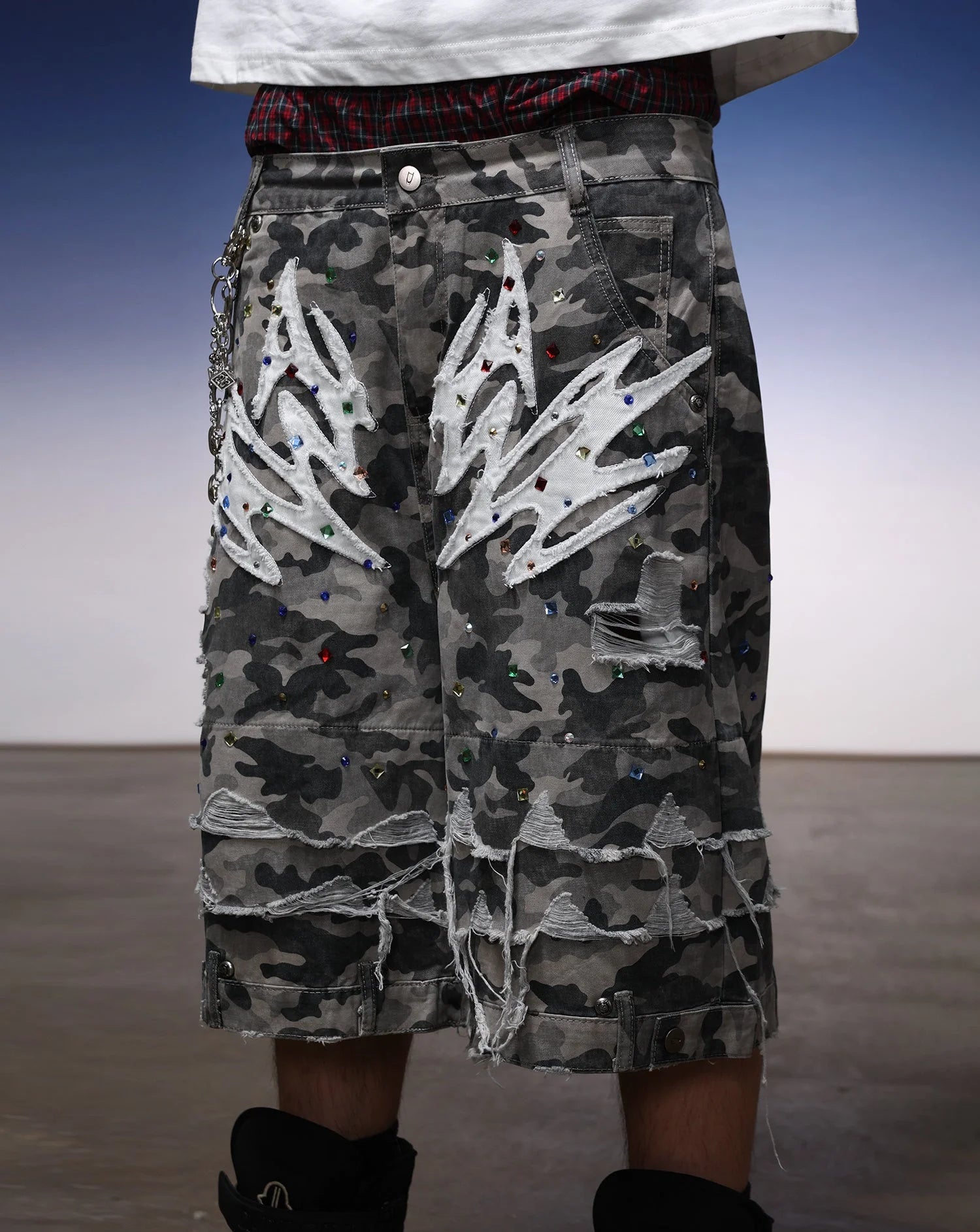 Y2K Camo Sword Emblem Cargo Shorts - Fuga Studios