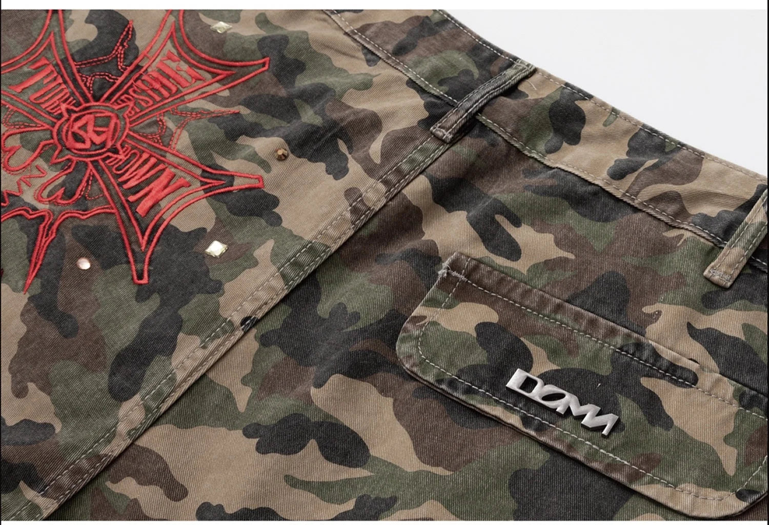 Y2K Camo Sword Emblem Cargo Shorts - Fuga Studios