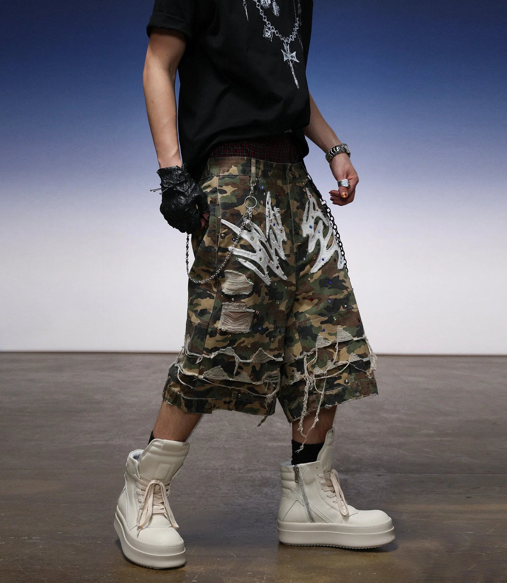 Y2K Camo Sword Emblem Cargo Shorts - Fuga Studios