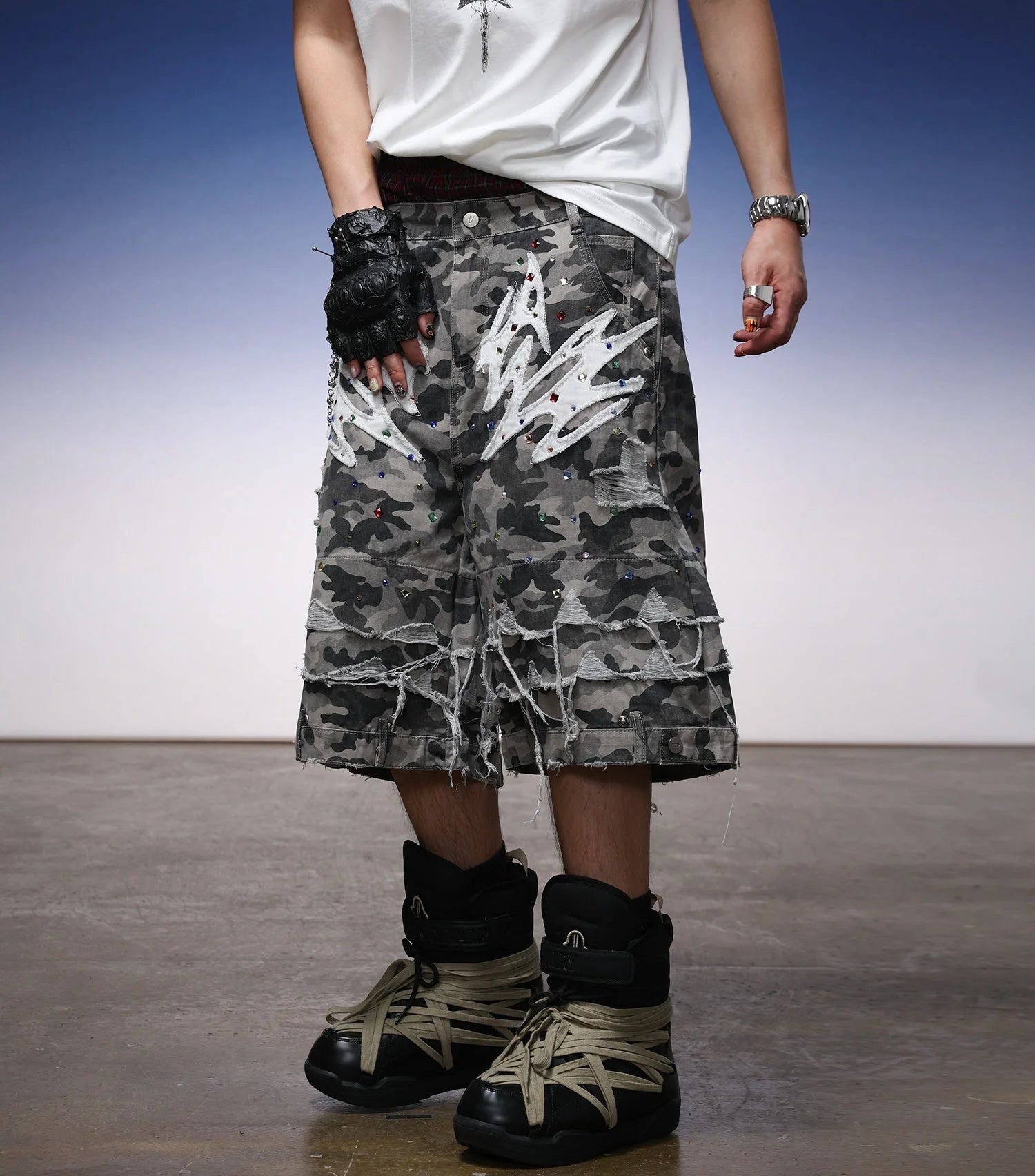 Y2K Camo Sword Emblem Cargo Shorts - Fuga Studios
