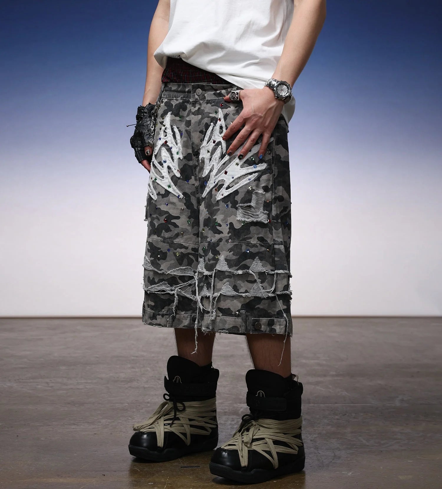 Y2K Camo Sword Emblem Cargo Shorts - Fuga Studios