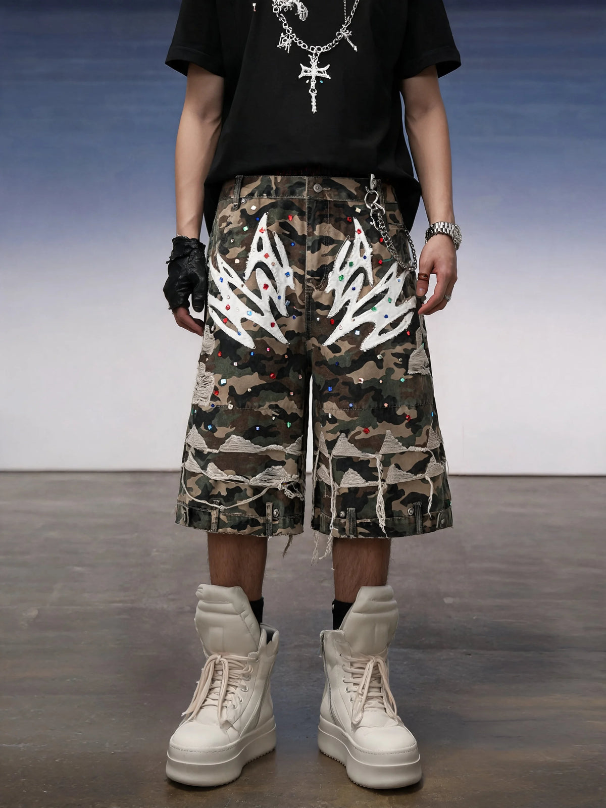 Y2K Camo Sword Emblem Cargo Shorts - Fuga Studios