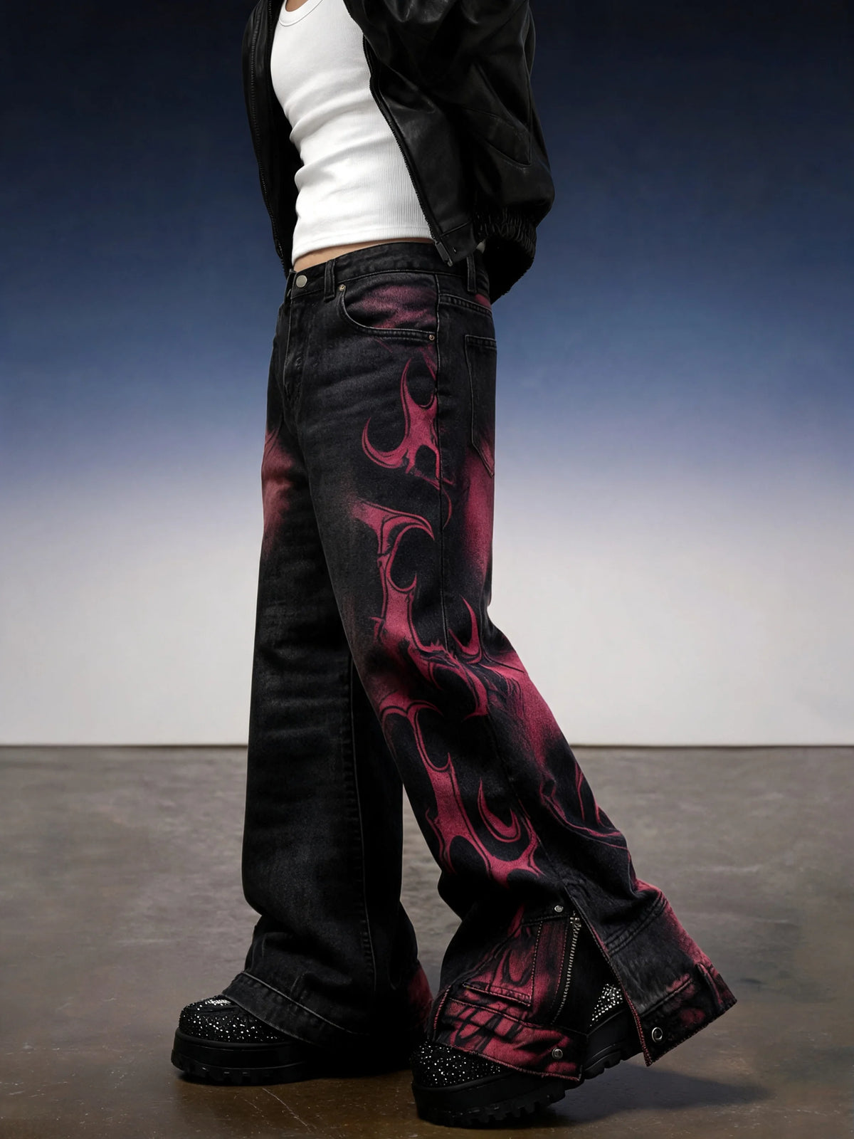 Y2K Flame Print Wide-Leg Jeans - Fuga Studios