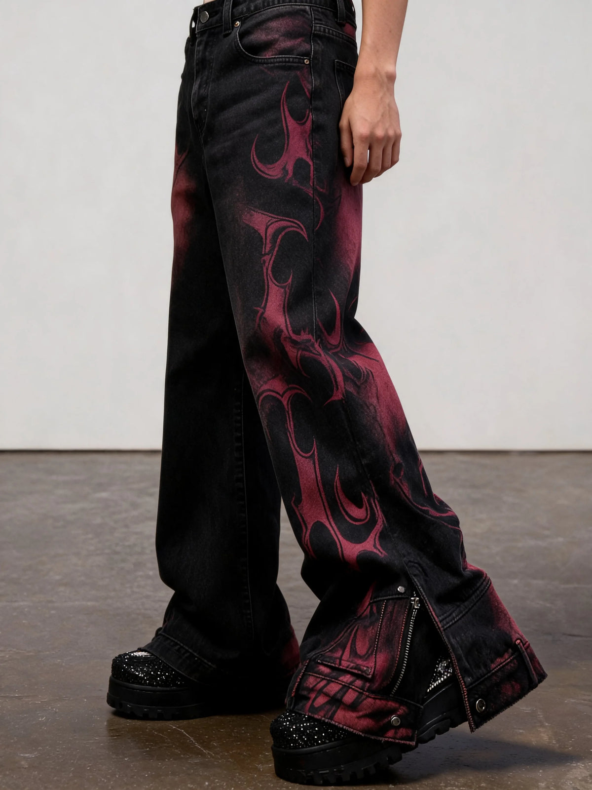 Y2K Flame Print Wide-Leg Jeans - Fuga Studios