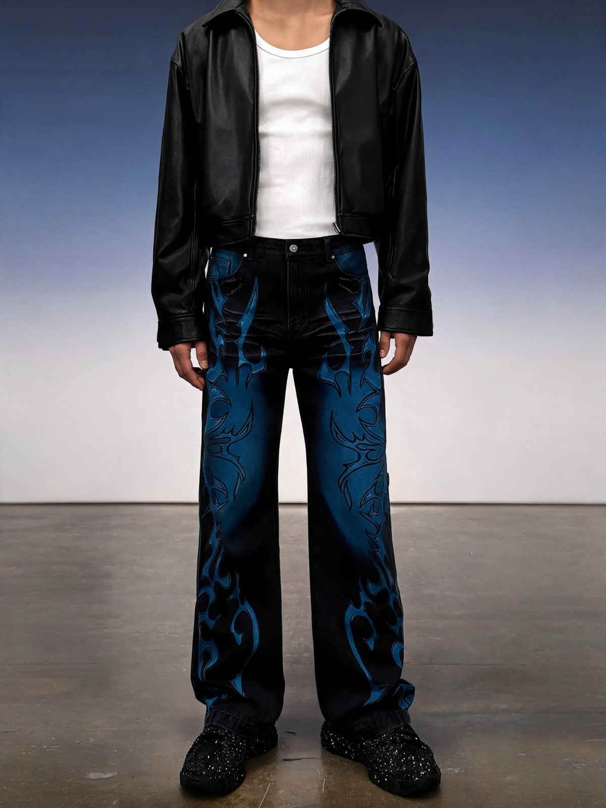 Y2K Flame Print Wide-Leg Jeans - Fuga Studios