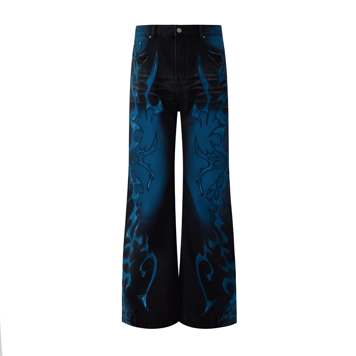 Y2K Wide-Leg Jeans. Flame Print, blue & red. | Fūga Studios