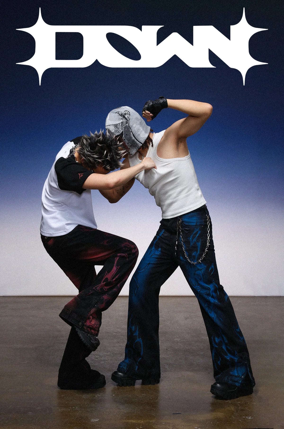 fuga ロンt archive y2k 平成 Y2K Wide-Leg Jeans. Flame Print, blue & red. | Fūga Studios