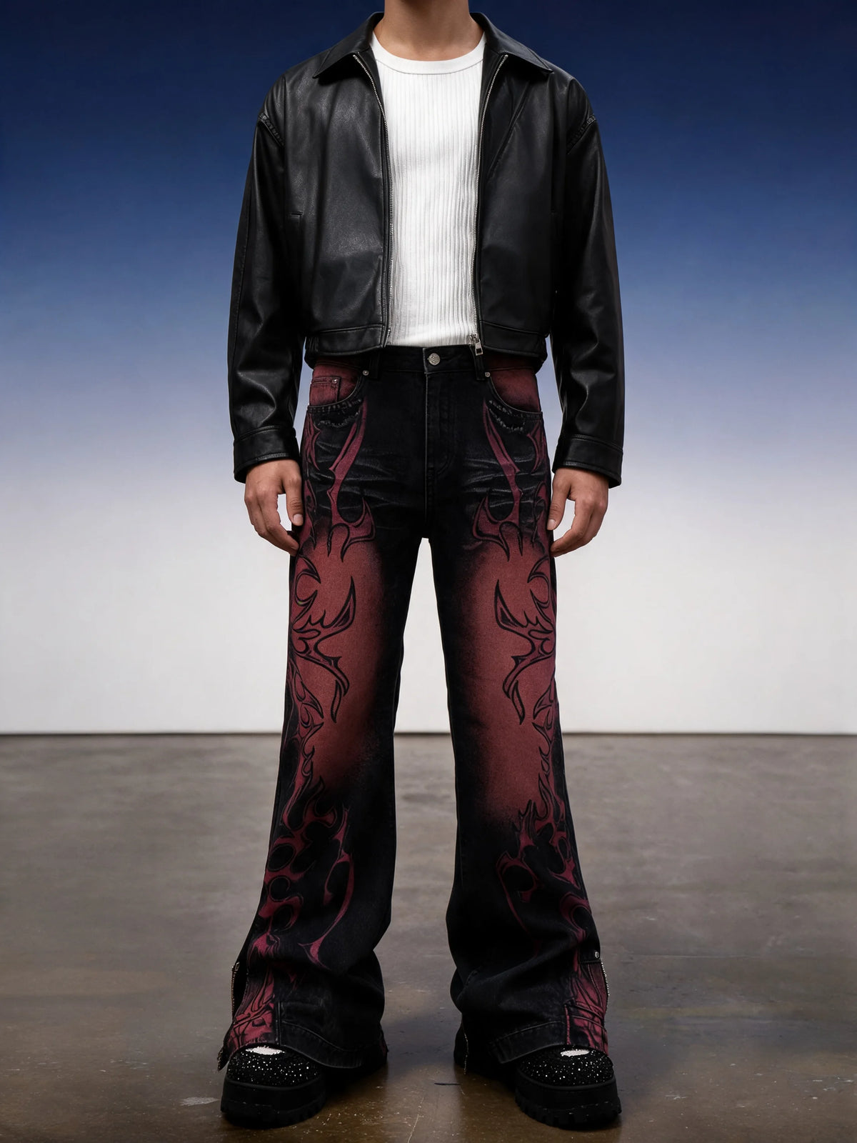 Y2K Flame Print Wide-Leg Jeans - Fuga Studios