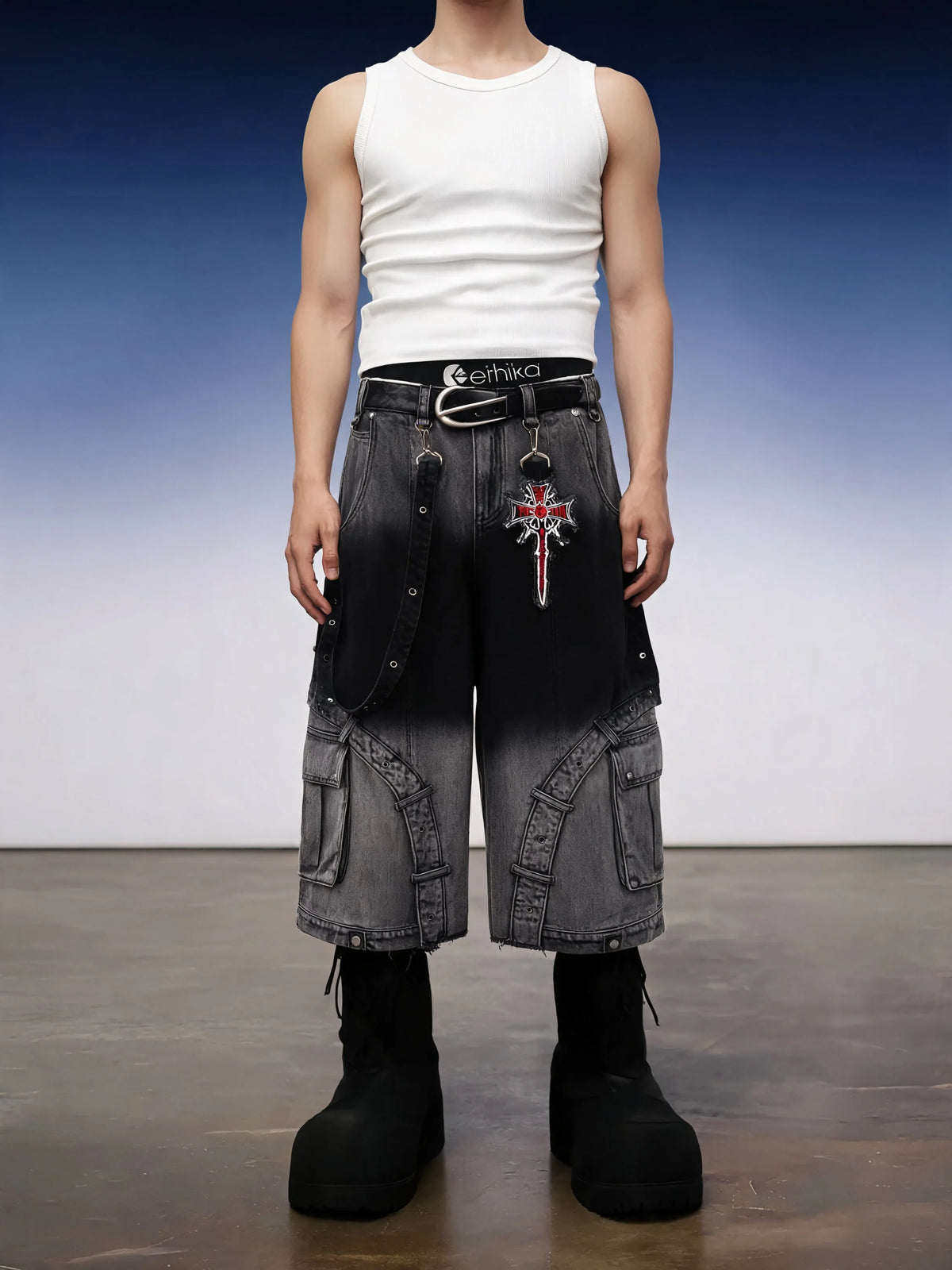 Y2K Gothic Cross Denim Cargo Shorts - Fuga Studios