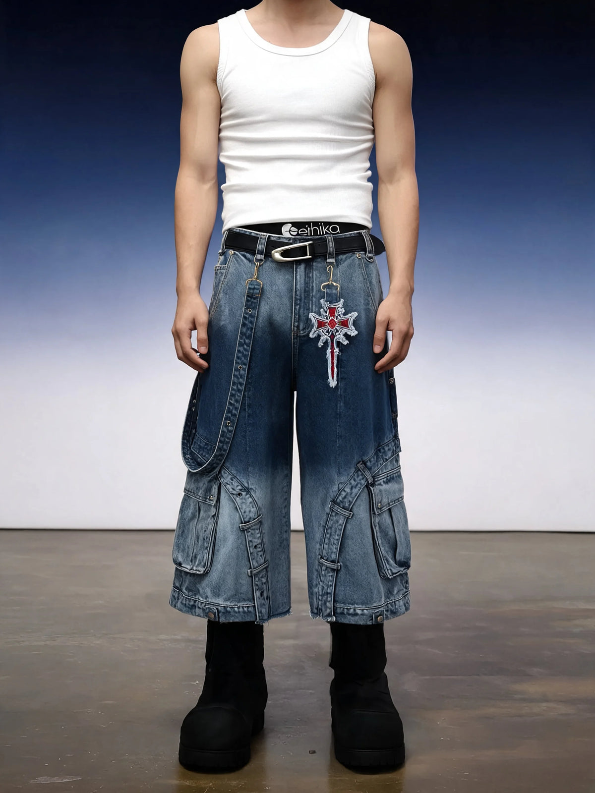 Y2K Gothic Cross Denim Cargo Shorts - Fuga Studios