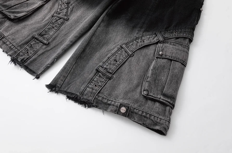 Y2K Gothic Cross Denim Cargo Shorts - Fuga Studios