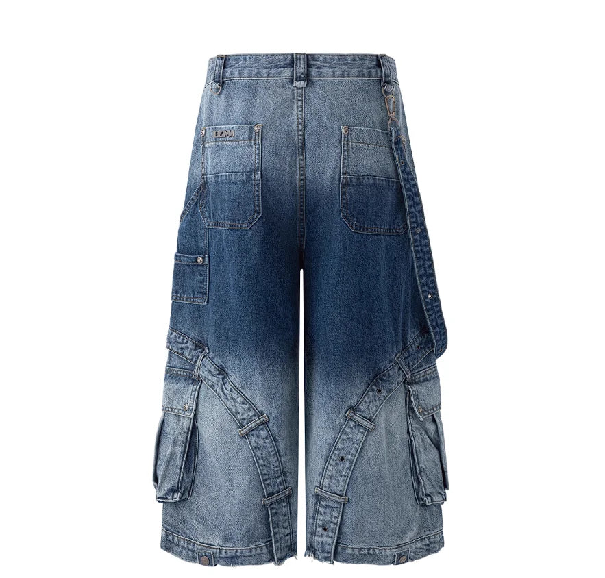 Y2K Gothic Cross Denim Cargo Shorts - Fuga Studios