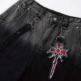 Y2K Gothic Cross Denim Cargo Shorts - Fuga Studios