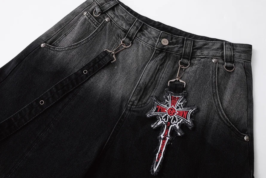 Y2K Gothic Cross Denim Cargo Shorts - Fuga Studios