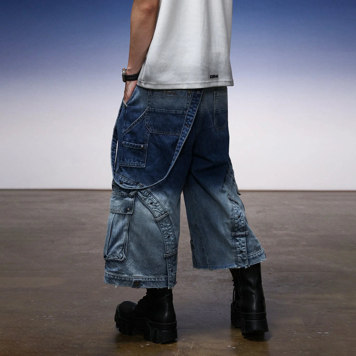 Y2K Denim Cargo Shorts. Cross, Two-Tone. | Fūga Studios