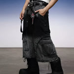 Y2K Gothic Cross Denim Cargo Shorts - Fuga Studios
