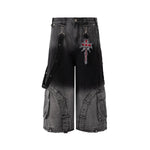 Y2K Gothic Cross Denim Cargo Shorts - Fuga Studios