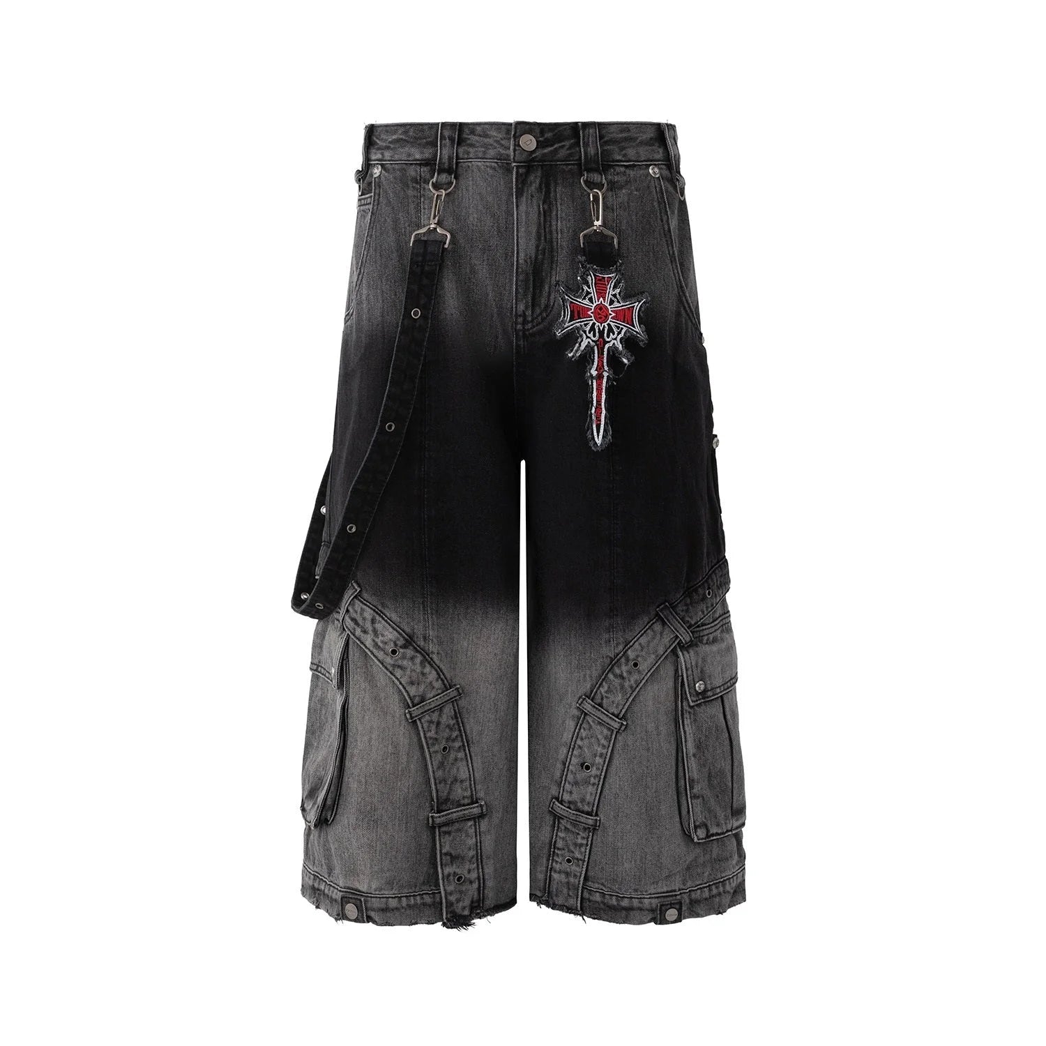 Y2K Gothic Cross Denim Cargo Shorts - Fuga Studios