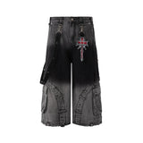 Y2K Gothic Cross Denim Cargo Shorts - Fuga Studios
